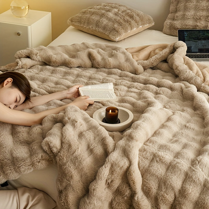 Luxusweiche beige Fleece-Decken - warme dicke Plüsch-Wohnzimmer- und Schlafzimmer-Wurfdecke